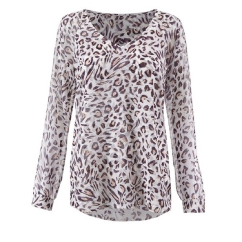 CAbi Sheer Leopard Long Sleeve V-Neck Blouse